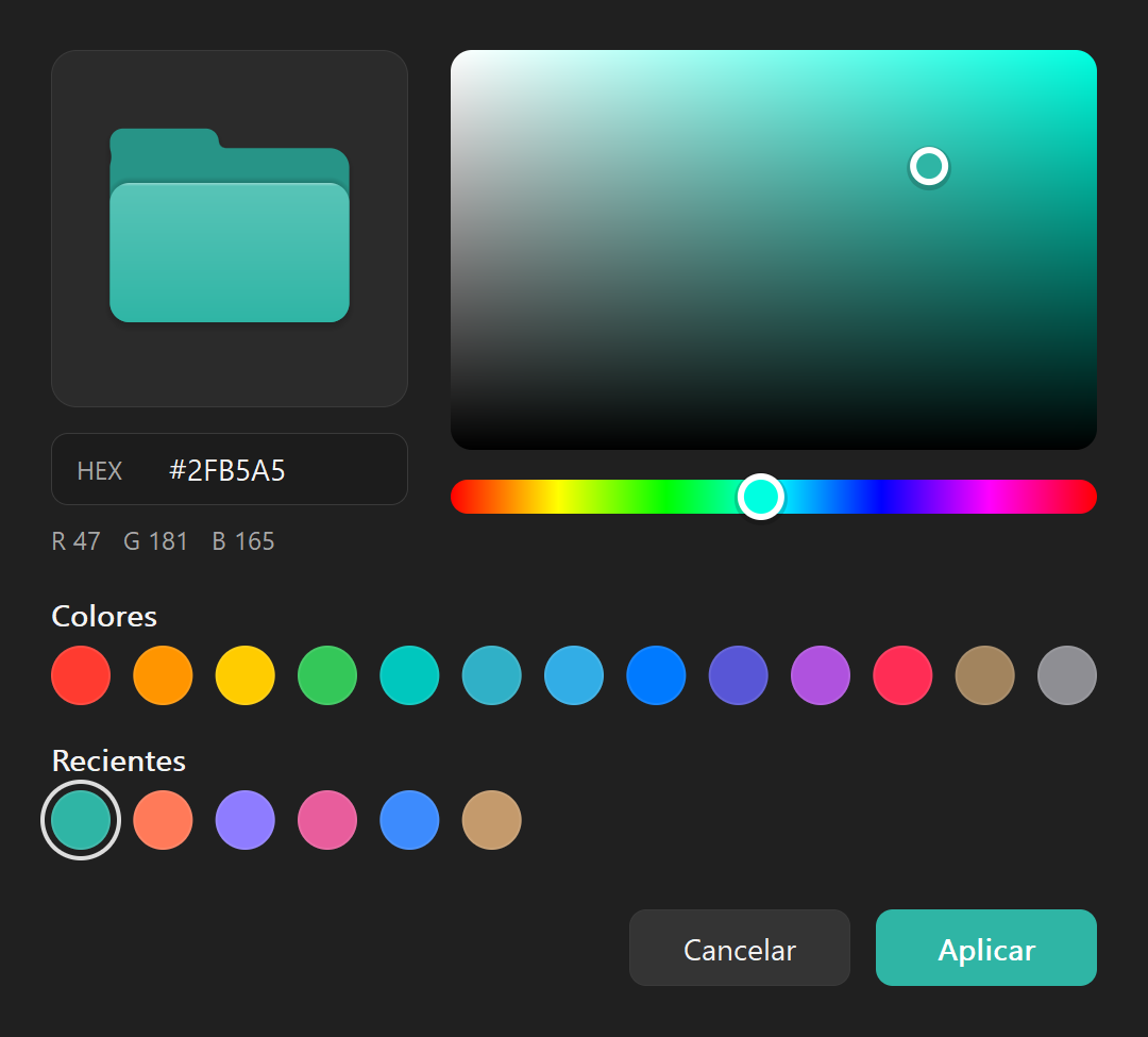 El selector de color de FolderTintCM, con la vista previa de la carpeta, el cuadro de color, la barra de tono, la paleta y los colores recientes
